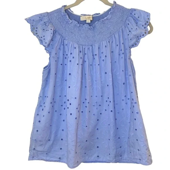LOFT blue eyelet smocked neck blouse - Picture 2 of 7